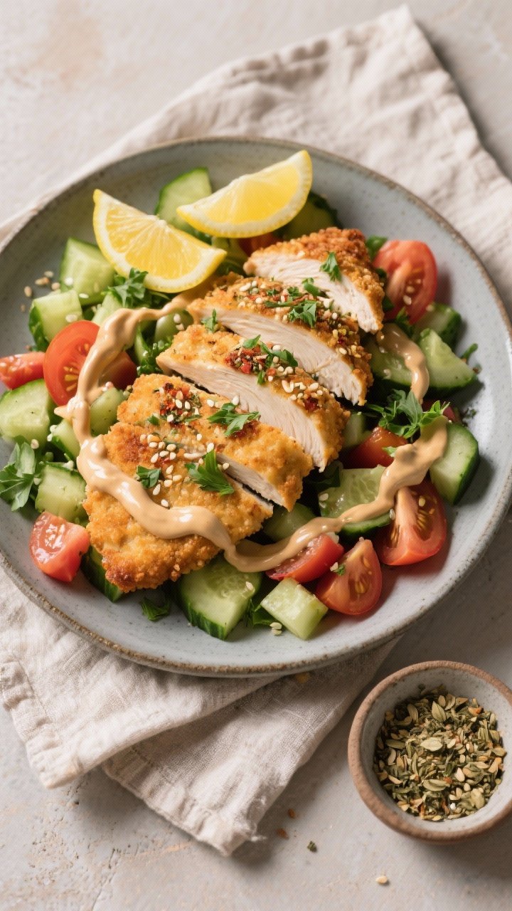 Tasty top view: Overhead shot of sliced za’atar chicken schnitzels arranged over a chopped cucumbe