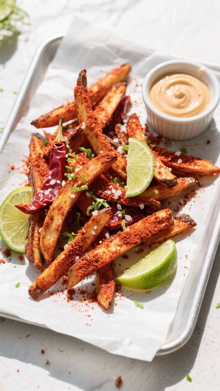 Tasty top view: Overhead shot of Smoky Chili variation turnip fries on a parchment-lined sheet, dust