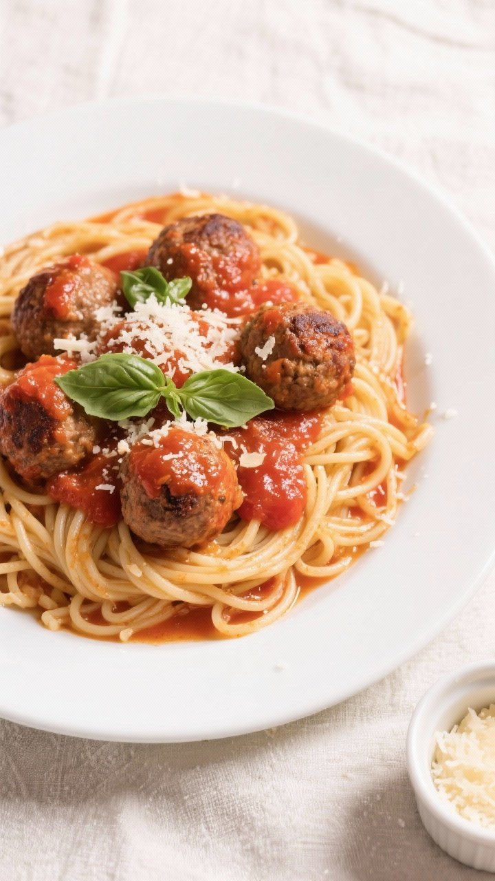Tasty top view: Overhead shot of spaghetti topped with air fryer tomato meatballs, generously spoone