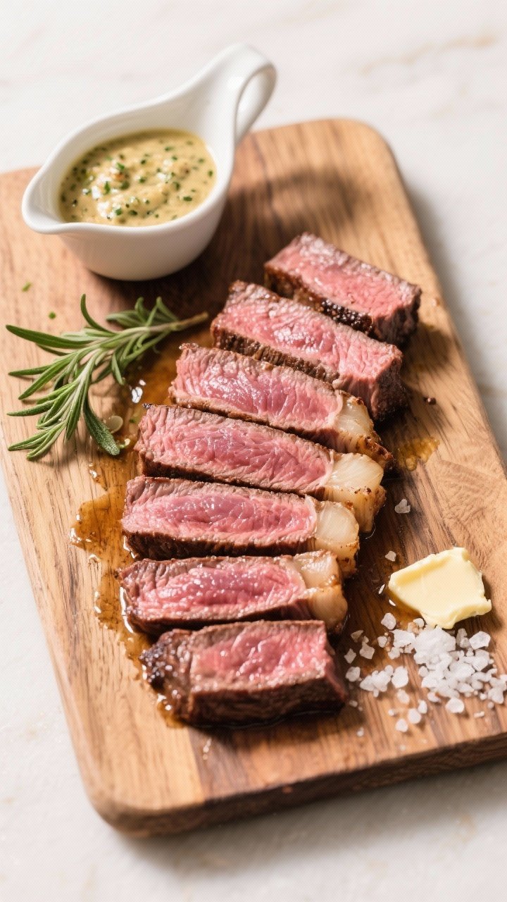 Tasty top view: Overhead shot of steak sliced against the grain into thick strips, arranged in a fan