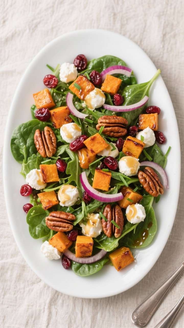 Tasty top view — Overhead shot of the assembled warm salad on a wide, white platter: a bed of mixe