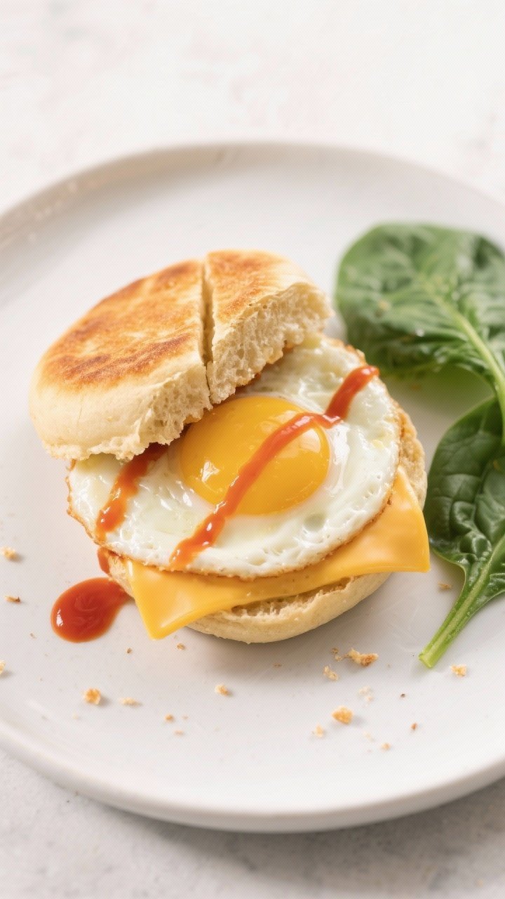 Tasty top view: Overhead shot of the assembled Air Fryer Egg and Cheese English Muffin on a matte wh