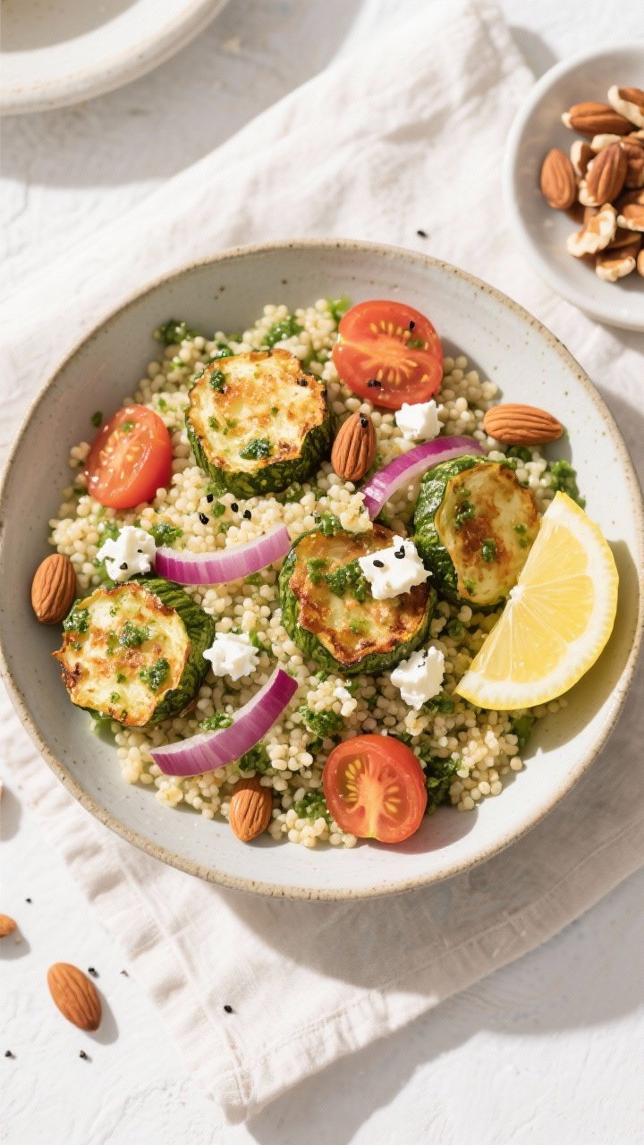 Tasty top view: Overhead shot of the assembled couscous salad in a low, wide ceramic bowl—pesto-to