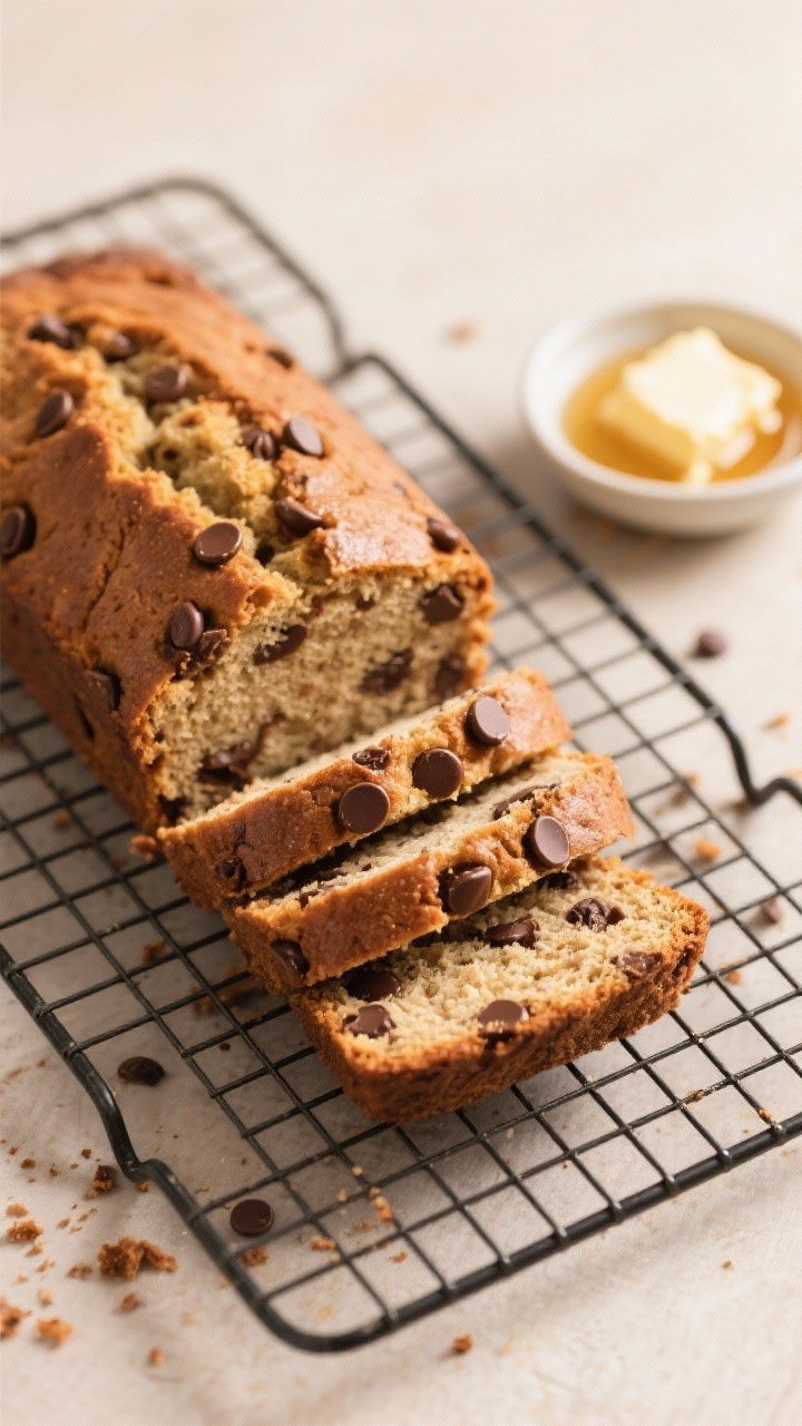 Tasty top view: Overhead shot of the baked loaf on a wire rack, partially cooled and cleanly sliced 