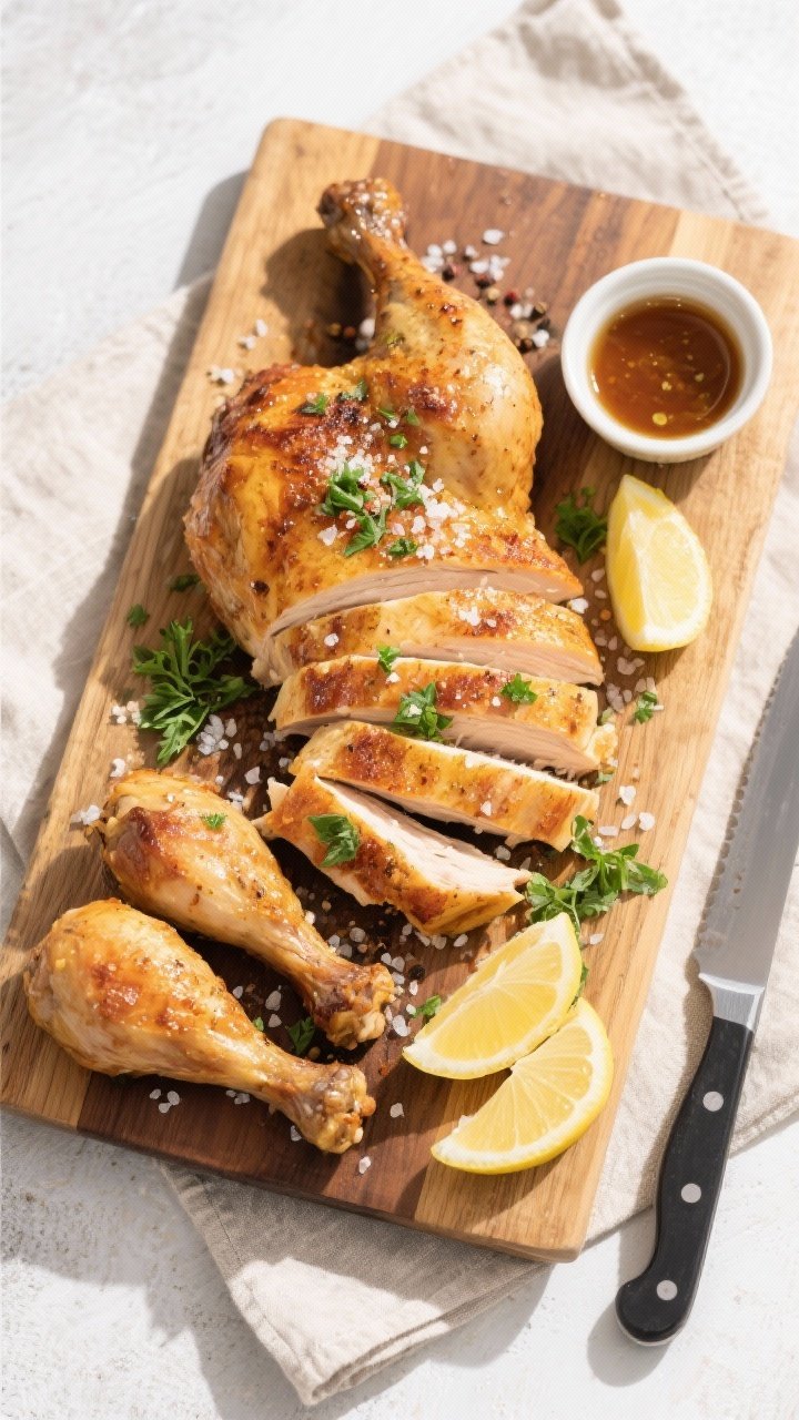 Tasty top view: Overhead shot of the carved air-fryer roast chicken on a wooden board—juicy slices