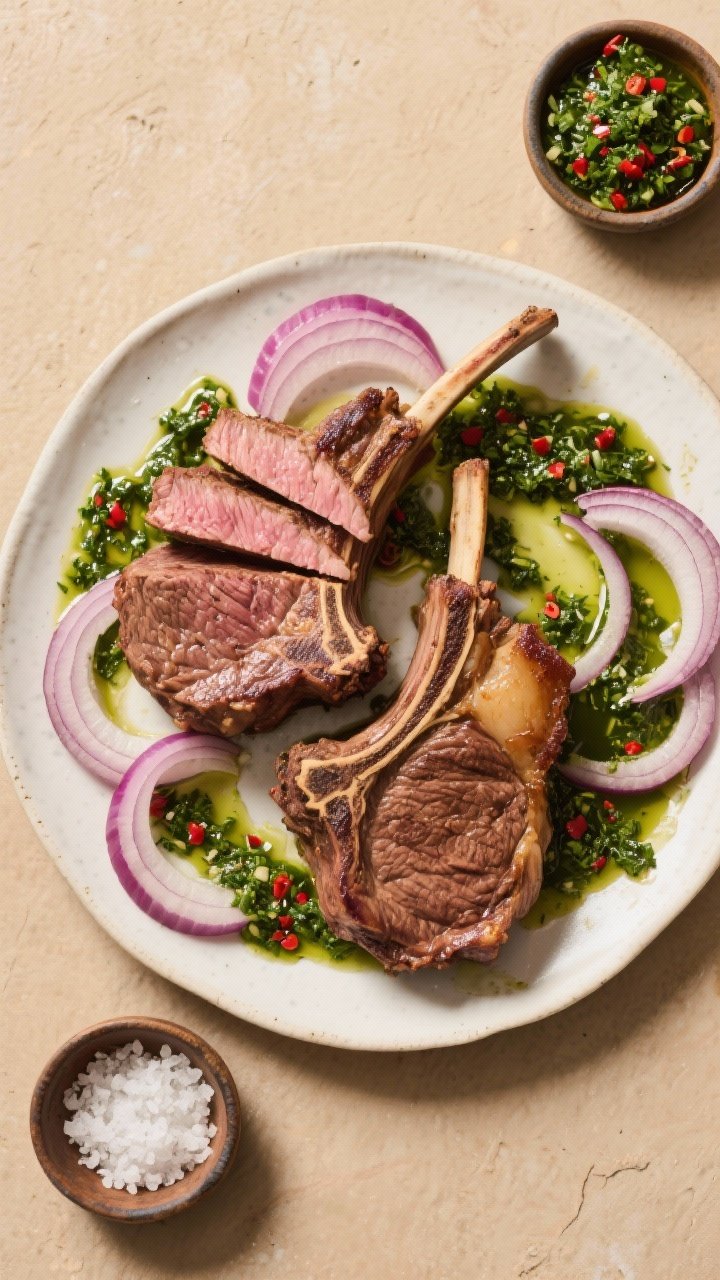 Tasty top view: Overhead shot of the complete spread—mutton chops at medium doneness (slight pink 