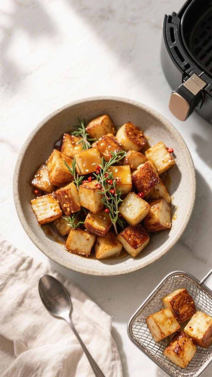 Tasty top view: Overhead shot of the completed turnips served family-style in a shallow matte stonew