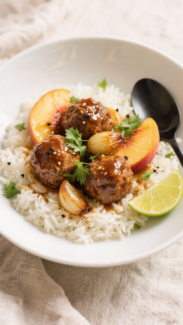 Tasty top view: Overhead shot of the final dish served over fluffy jasmine rice in a wide white bowl