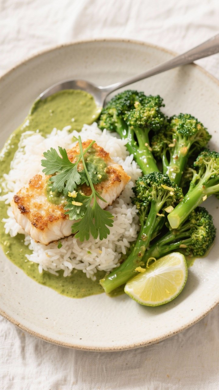 Tasty top view: Overhead shot of the final plate—air-fried white fish fillet over jasmine rice, sp