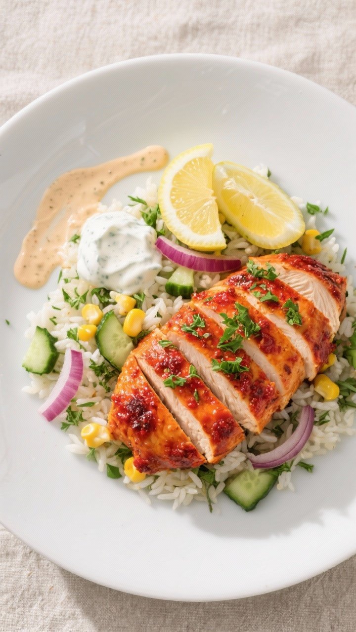 Tasty top view: Overhead shot of the final plated peri peri chicken breast sliced into fanned pieces