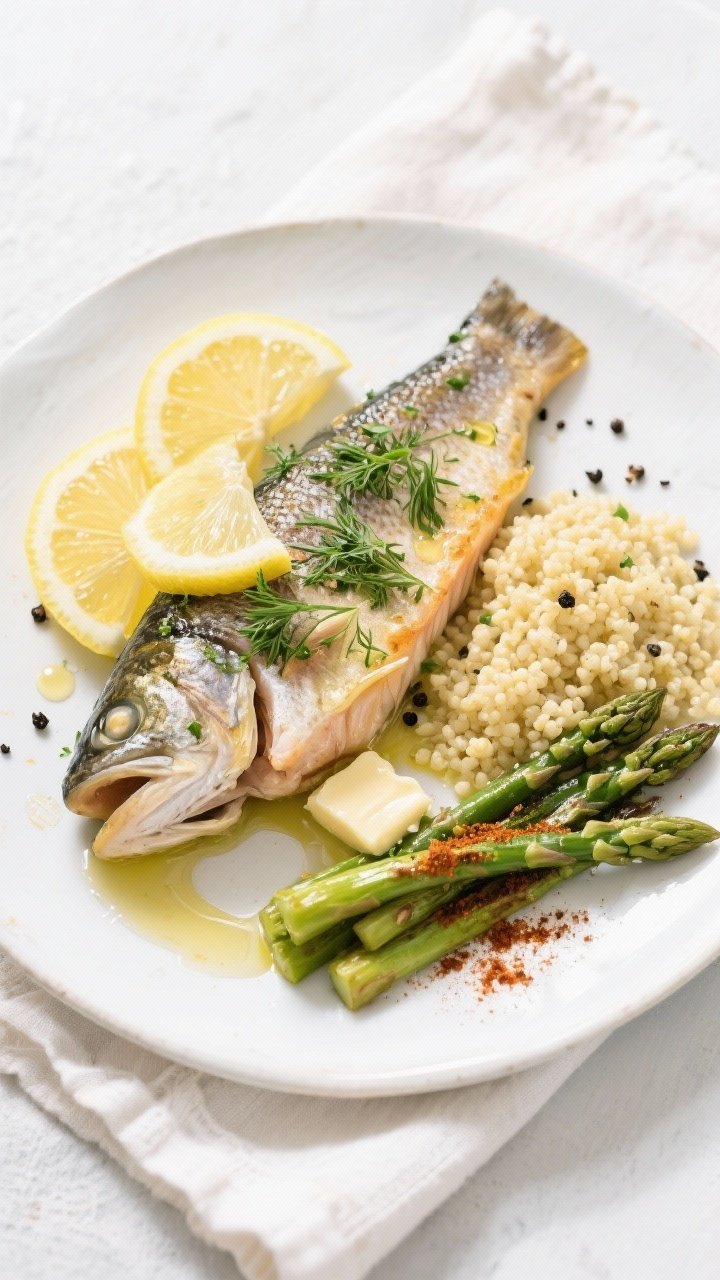 Tasty top view: Overhead shot of the final plated Air Fryer Lemon Herb Trout on a white ceramic plat