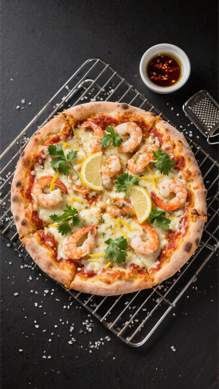 Tasty top view: Overhead shot of the finished Air Fryer Seafood Pizza on a wire rack to keep the bot
