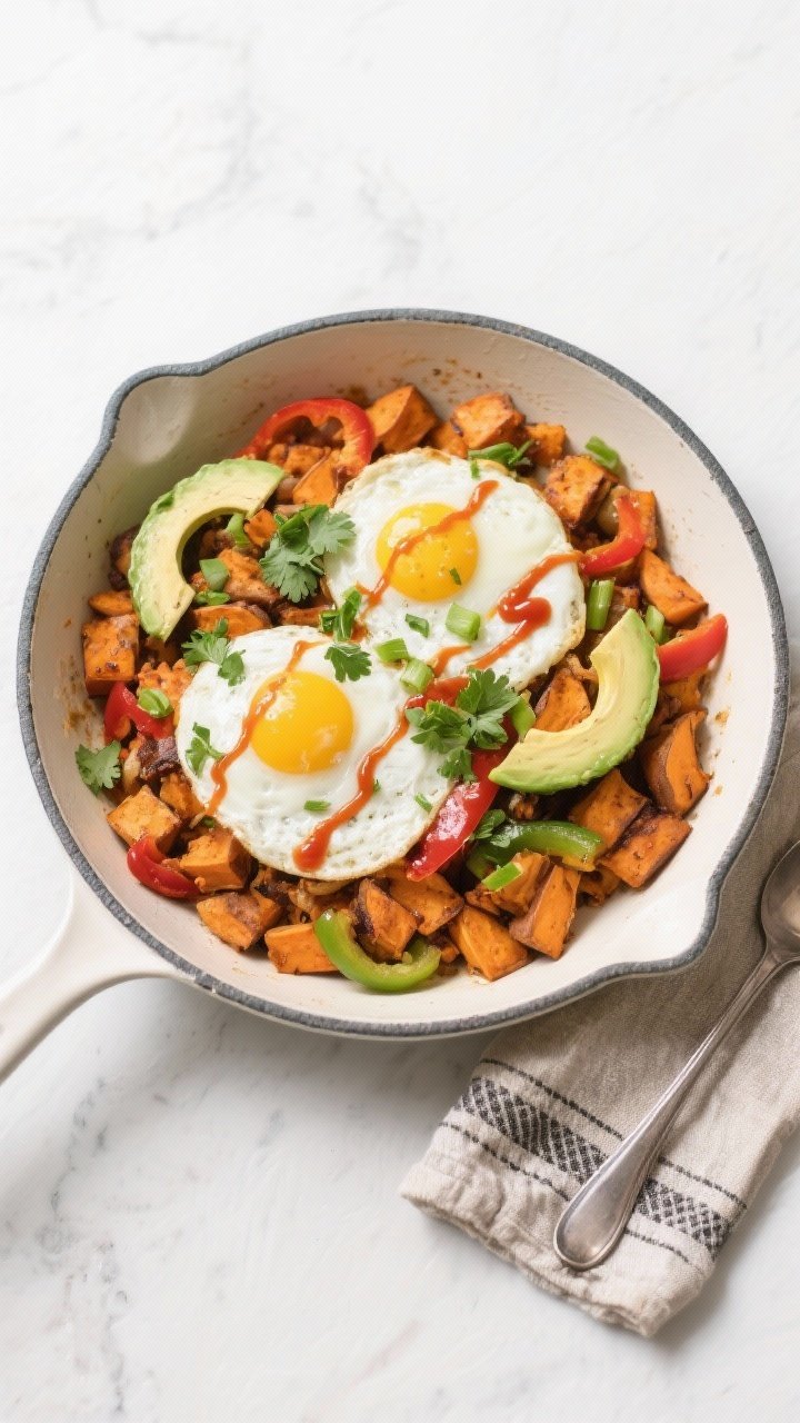 Tasty top view: Overhead shot of the finished Air Fryer Sweet Potato Hash served in a wide enamel sk