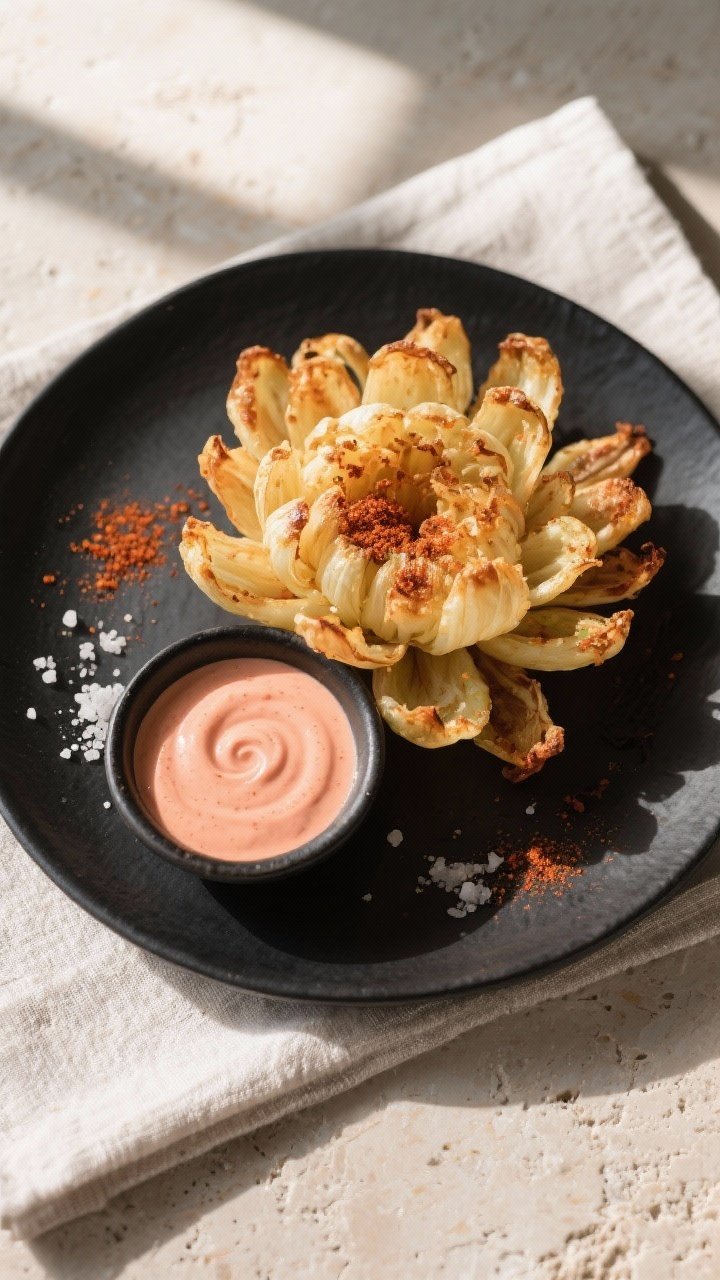 Tasty top view: Overhead shot of the finished bloomin’ onion on a matte black plate, petals radiat