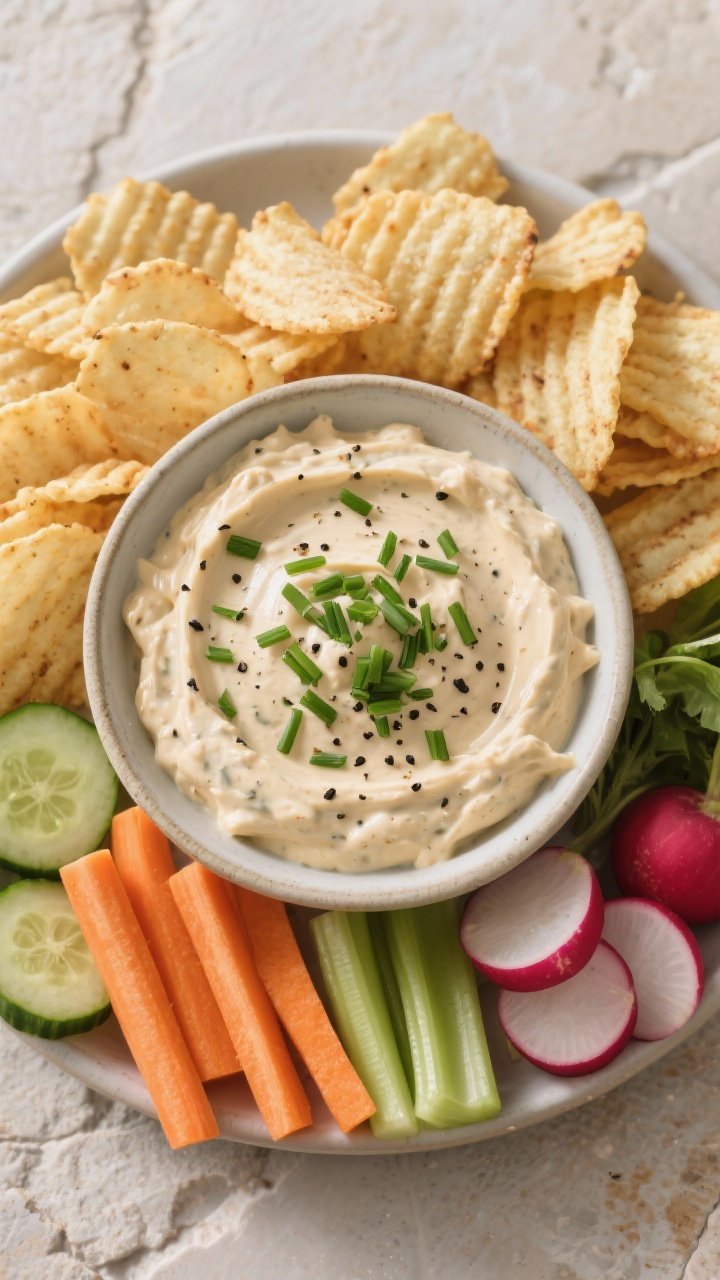 Tasty top view: Overhead shot of the finished French onion dip in a low, wide bowl, topped with a ge