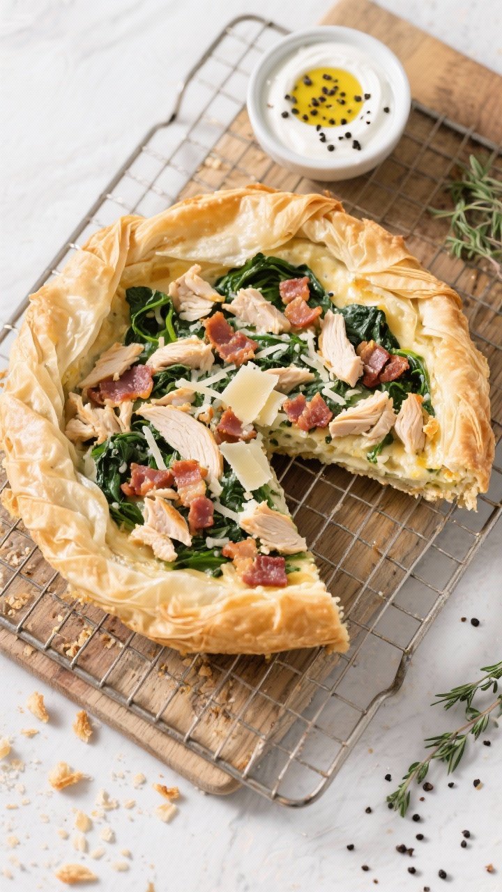 Tasty top view: Overhead shot of the finished pie on a cooling rack, one clean wedge removed to show