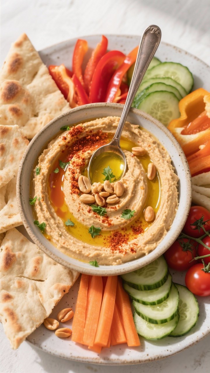 Tasty top view: Overhead shot of the finished roasted red pepper hummus spread in a shallow ceramic 