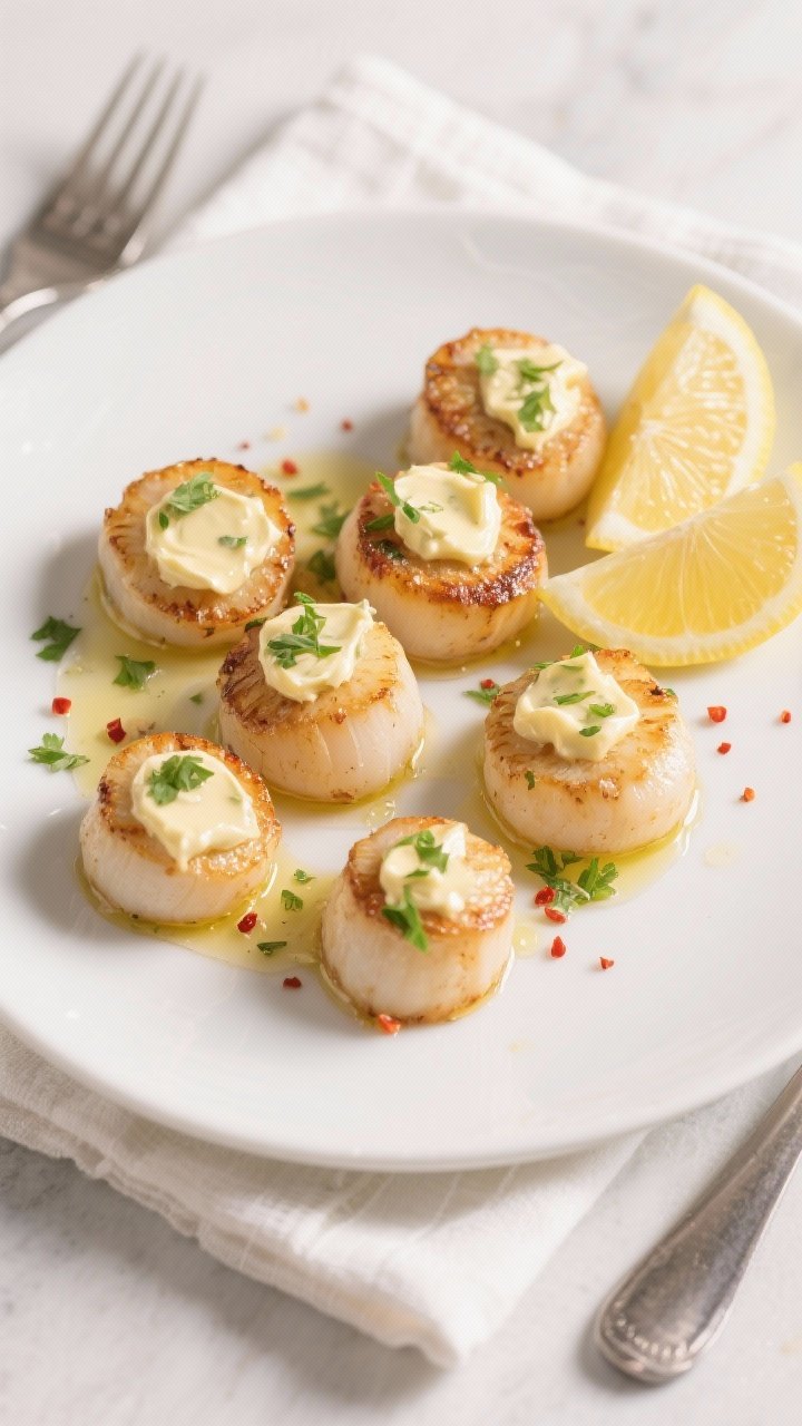 Tasty top view: Overhead shot of the finished scallops arranged on a matte white platter, each toppe