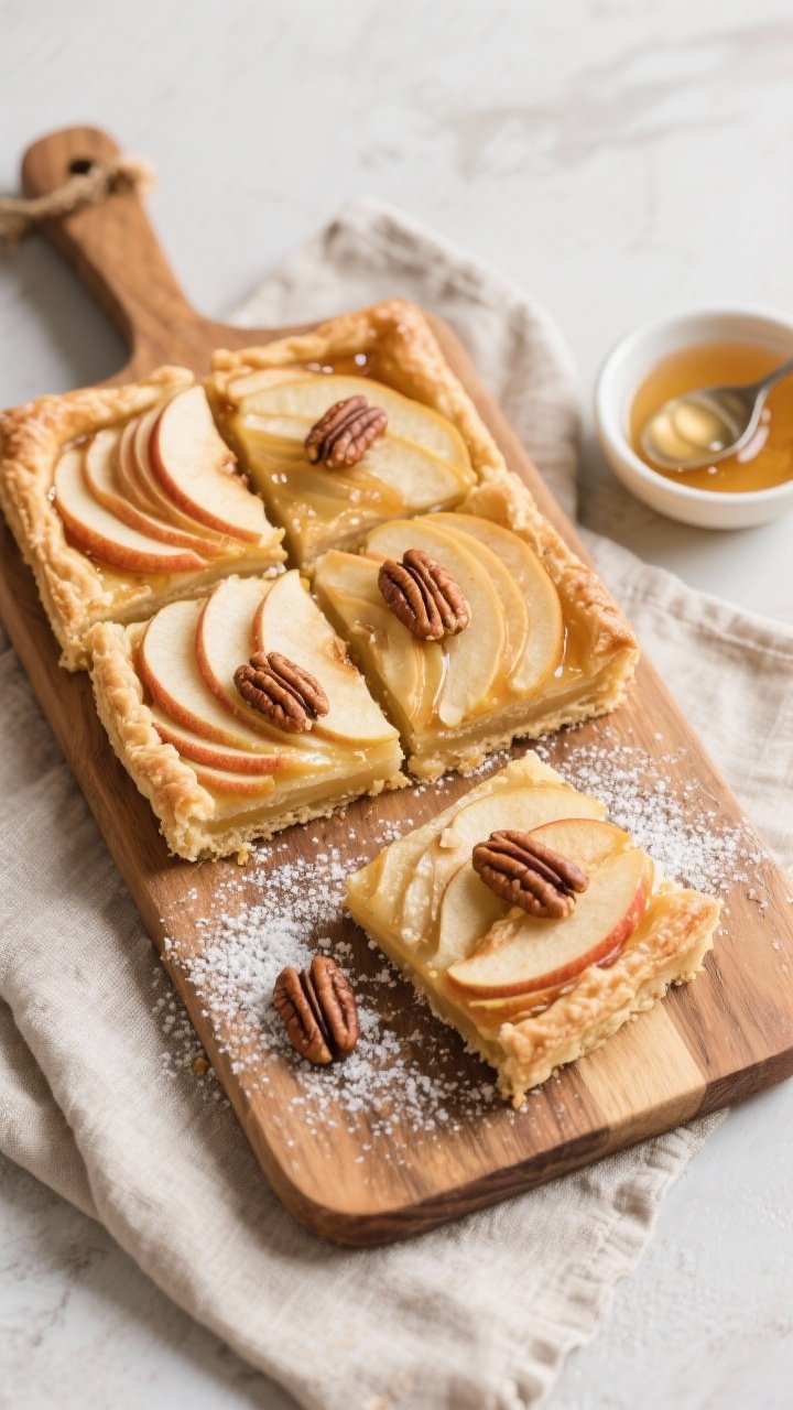 Tasty top view: Overhead shot of the finished tart on a wooden board, cut into neat squares, each pi