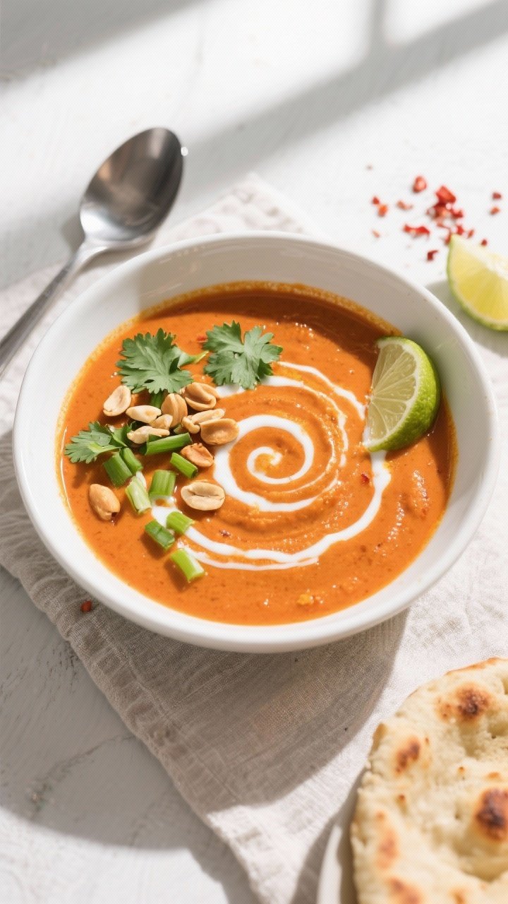 Tasty top view: Overhead shot of the finished Thai red curry sweet potato soup—silky, vibrant oran