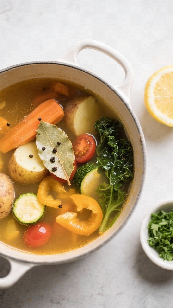 Tasty top view: Overhead shot of the finished vegetable soup in the pot—clear golden-amber broth w