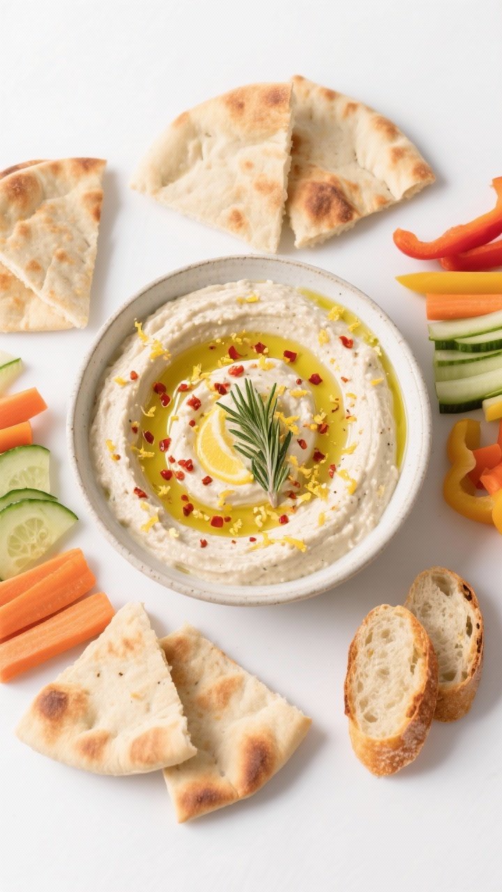 Tasty top view: Overhead shot of the finished white bean dip in a wide, shallow bowl with a dramatic
