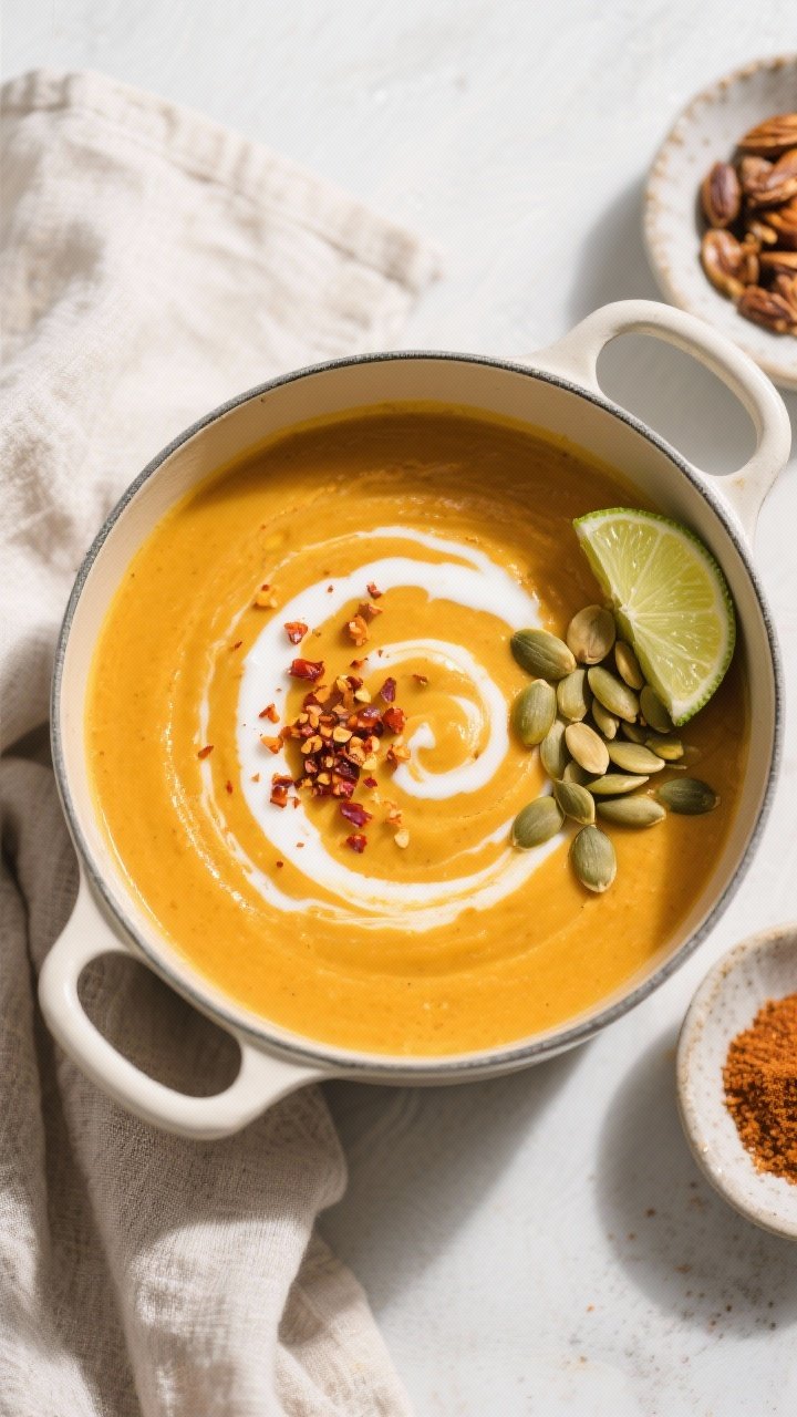 Tasty top view: Overhead shot of the fully blended butternut soup in the pot, ultra-smooth and velve