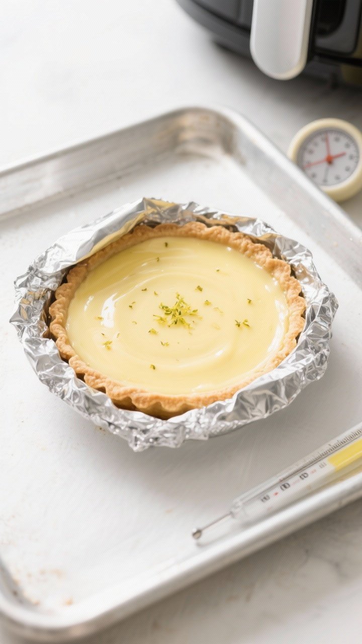 Tasty top view: Overhead shot of the fully set lemon tart just out of the air fryer, center with a s