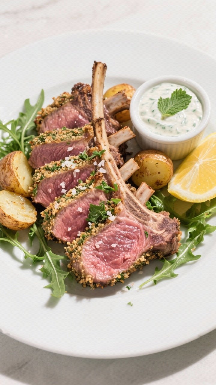 Tasty top view: Overhead shot of the rack sliced into individual chops and double chops, pink medium
