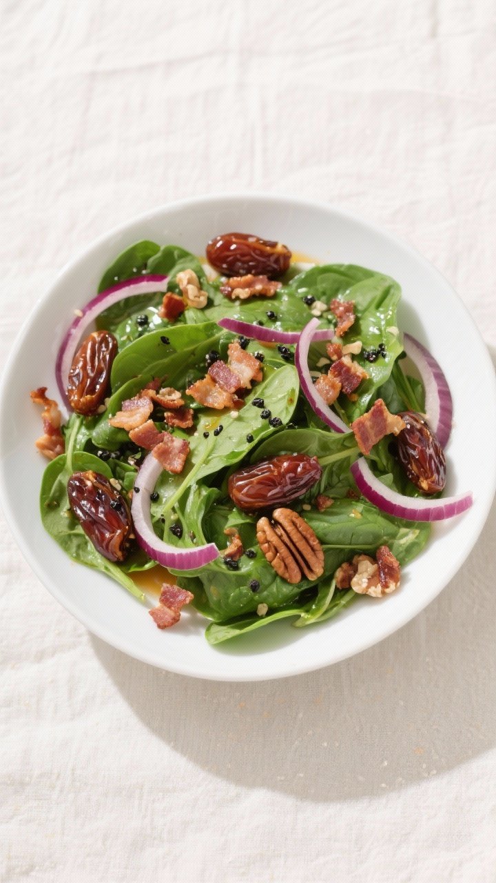Tasty top view: Overhead shot of the salad just tossed—baby spinach lightly wilted by the warm dre