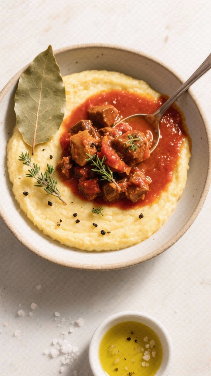 Tasty top view: Overhead shot of the stew spooned over creamy polenta in a shallow bowl, showcasing 