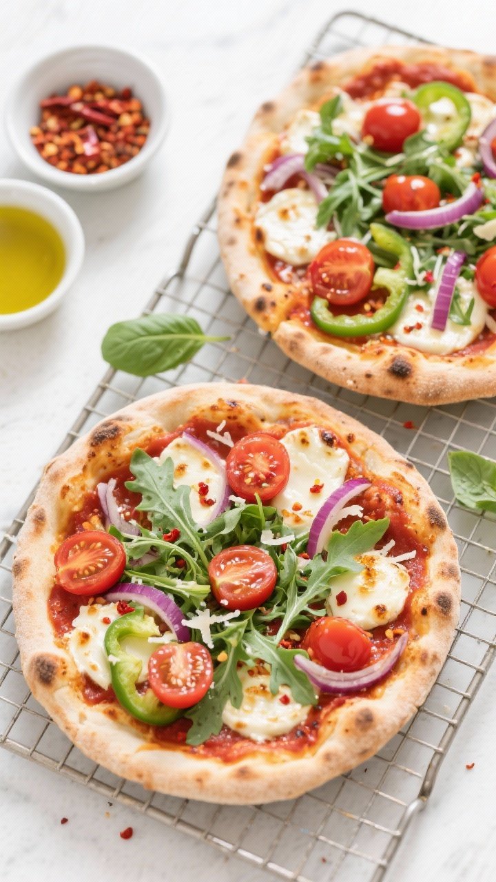 Tasty top view: Overhead shot of two 8-inch finished veggie pizzas on a wire rack to keep the crusts