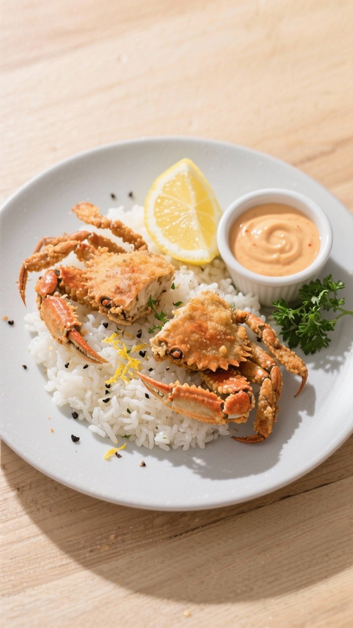 Tasty top view: Overhead shot of two air-fried soft shell crabs plated over steamed rice with a wedg