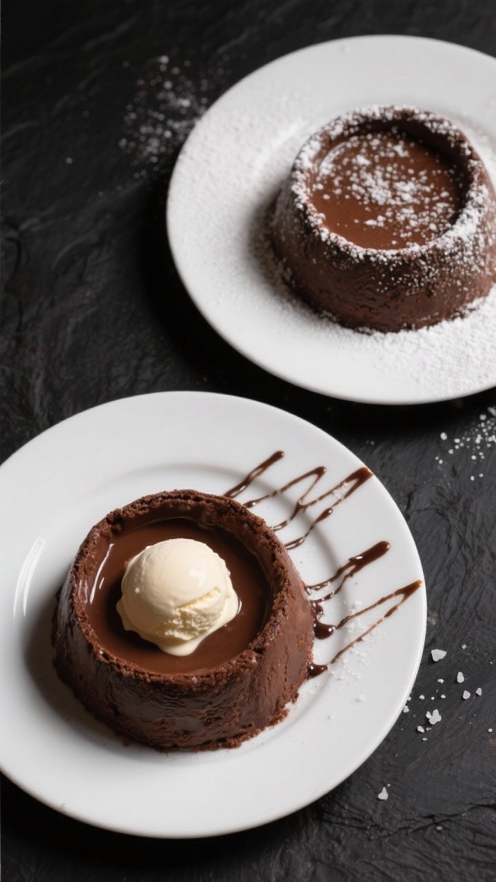 Tasty top view: Overhead shot of two inverted lava chocolate puddings on matte white plates, one top