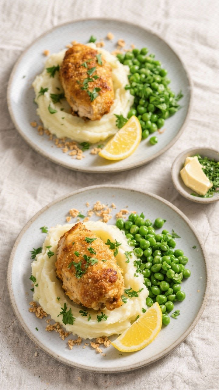 Tasty top view: Overhead shot of two plated Air Fryer Chicken Kievs on matte ceramic plates with mas