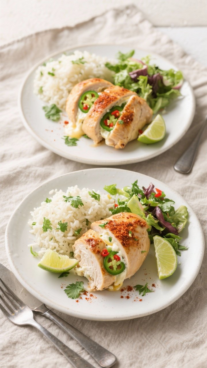 Tasty top view: Overhead shot of two plated air fryer stuffed chicken breasts on a white ceramic pla