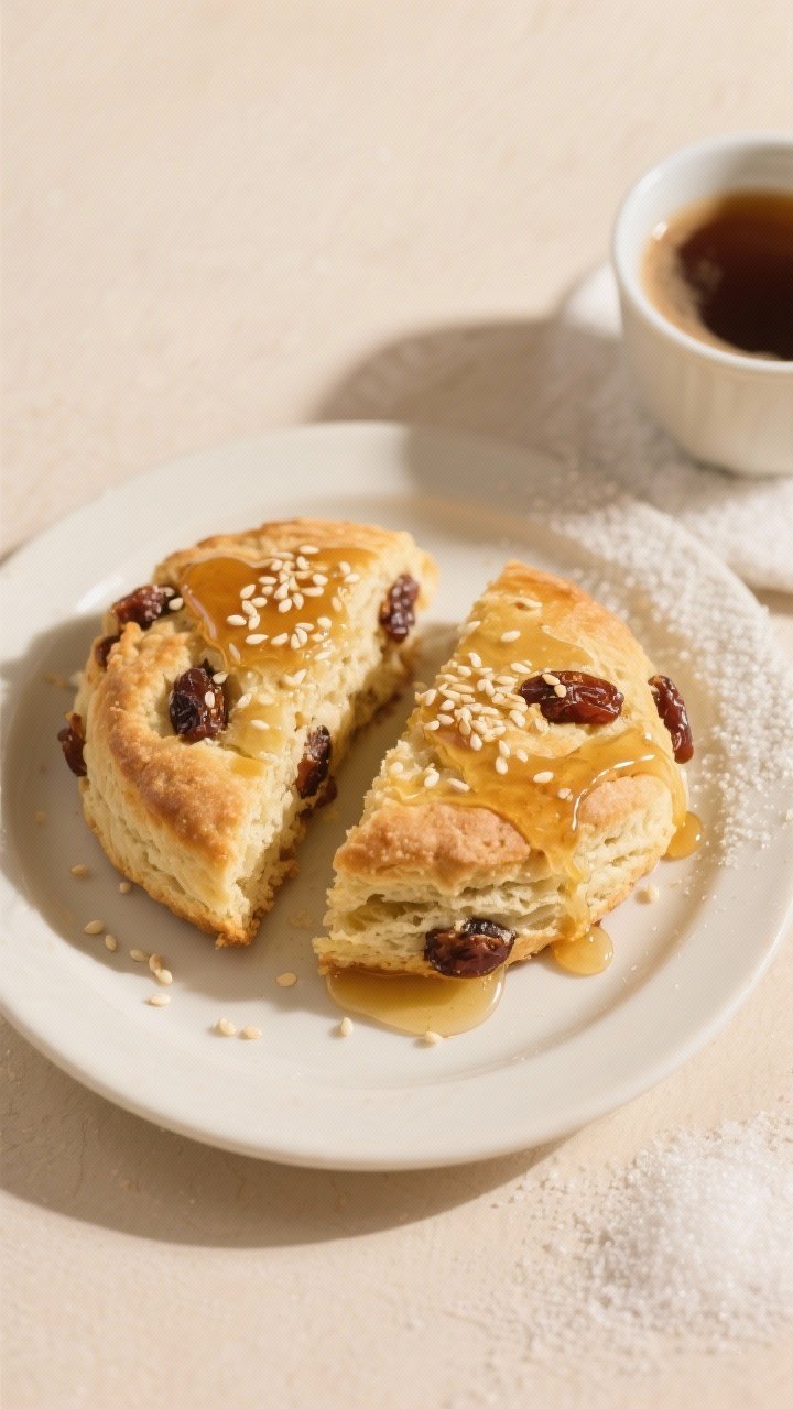 Tasty top view: Overhead shot of two split scones with visible chewy date pieces and flaky layers, d