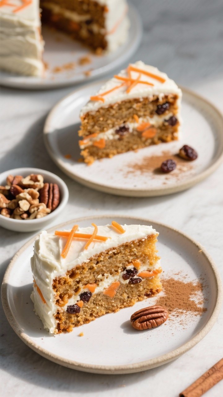 Tasty top view: Overhead slice-and-serve scene showing two generous slices of carrot cake on small p