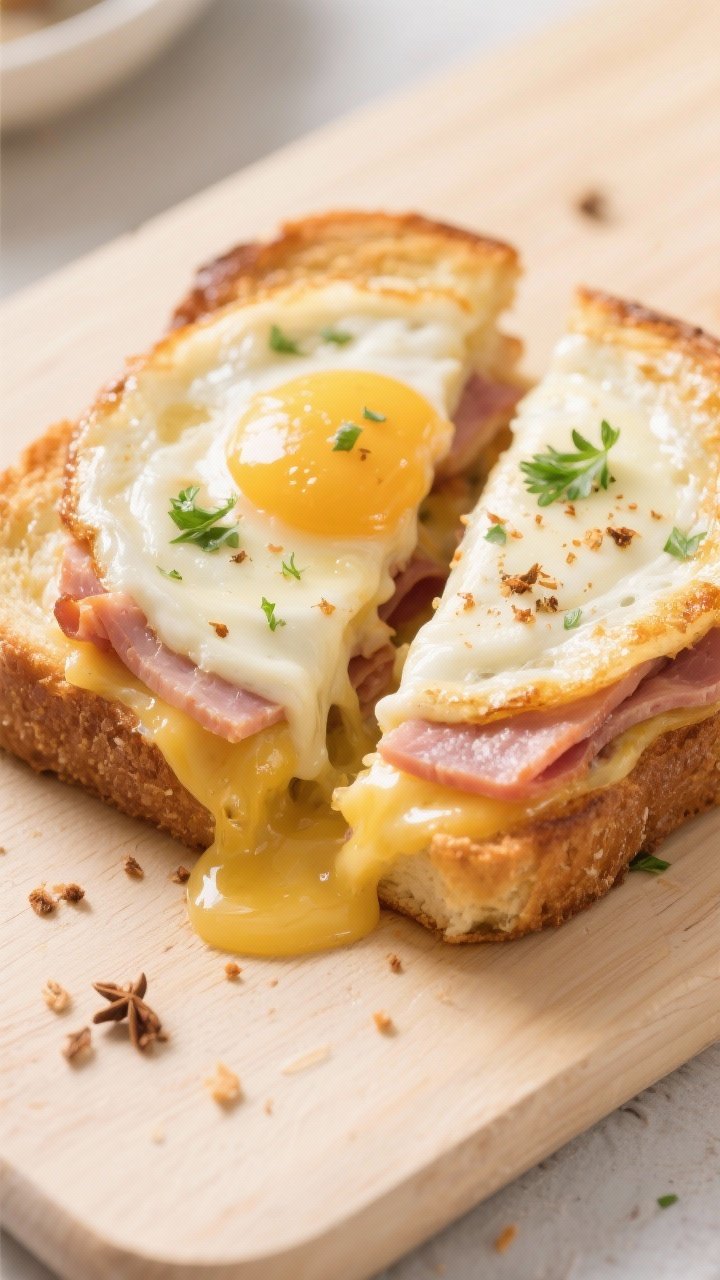 Tasty top view: Overhead slice reveal—Croque Madame cut on the diagonal with yolk just beginning t