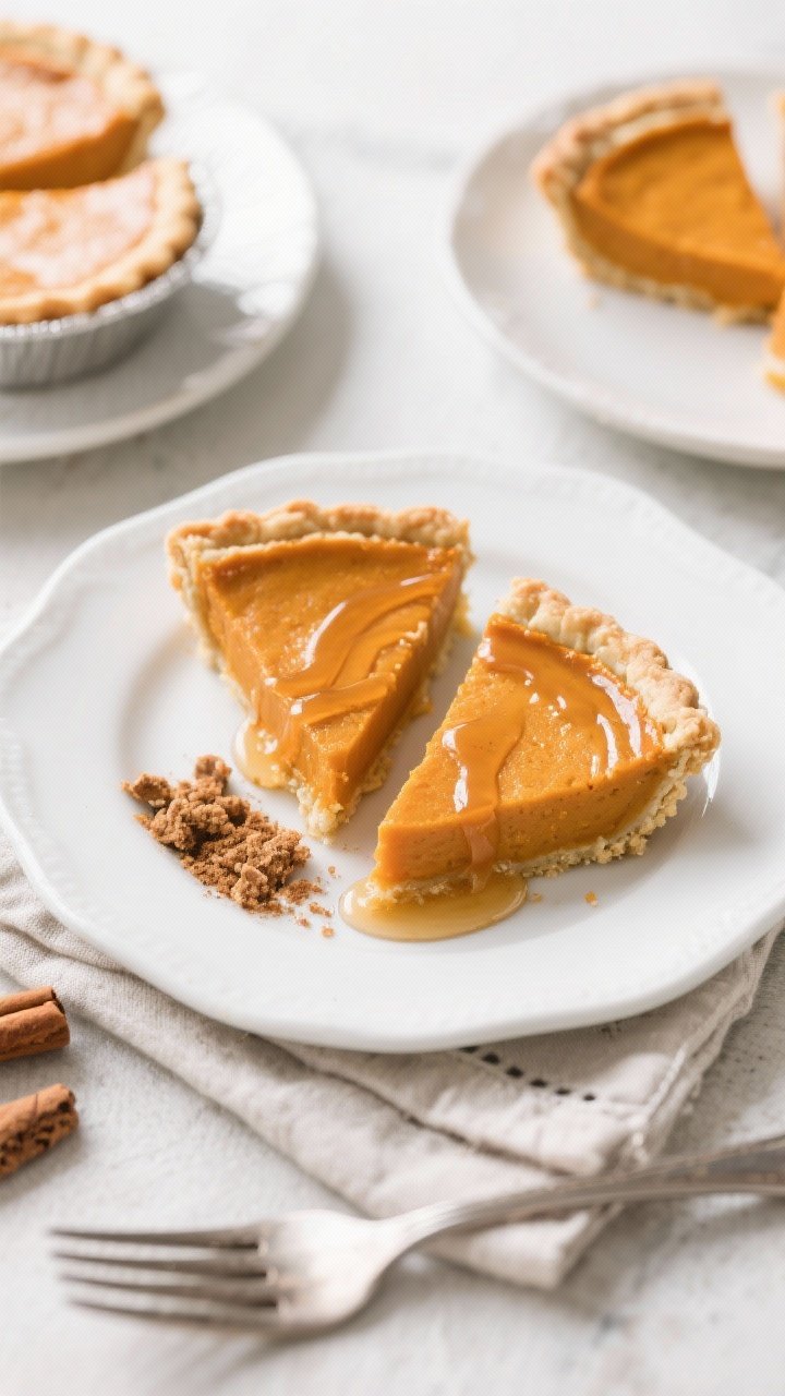 Tasty top view: Overhead slice service of mini pumpkin pies (5–6-inch tins) with crisp edges, crea
