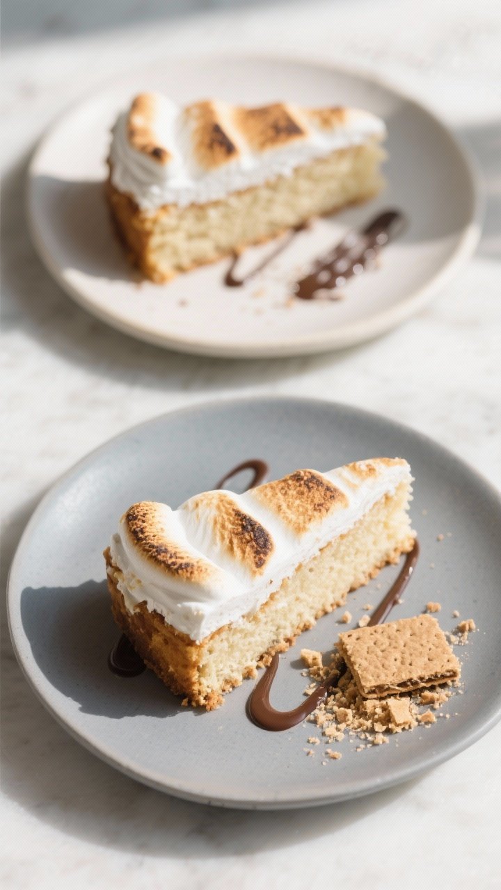 Tasty top view: Overhead slice service scene—two neat slices on matte plates with visible toasted 
