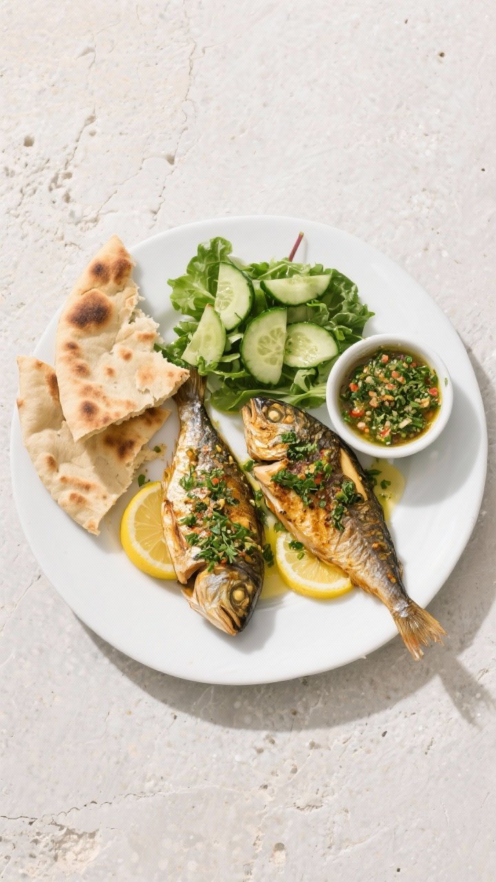 Tasty top view: Overhead table scene of a complete plate—two roasted harders topped with chermoula