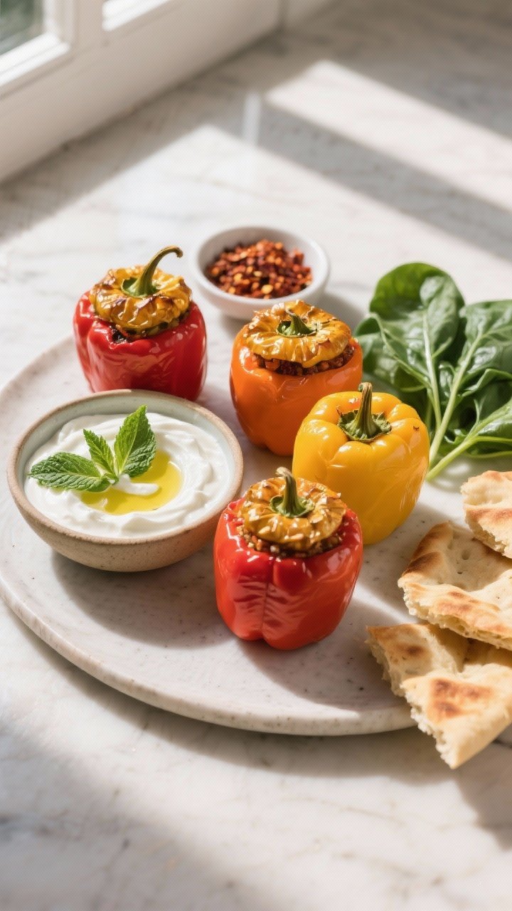 Tasty top view: Overhead table scene of a small spread—three stuffed peppers with deeply golden to