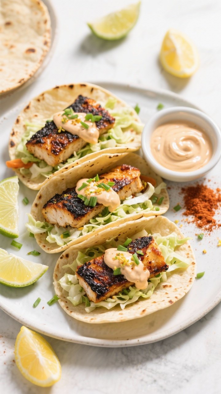 Tasty top view: Overhead taco assembly featuring chunks of flaky blackened cod tucked into warm tort