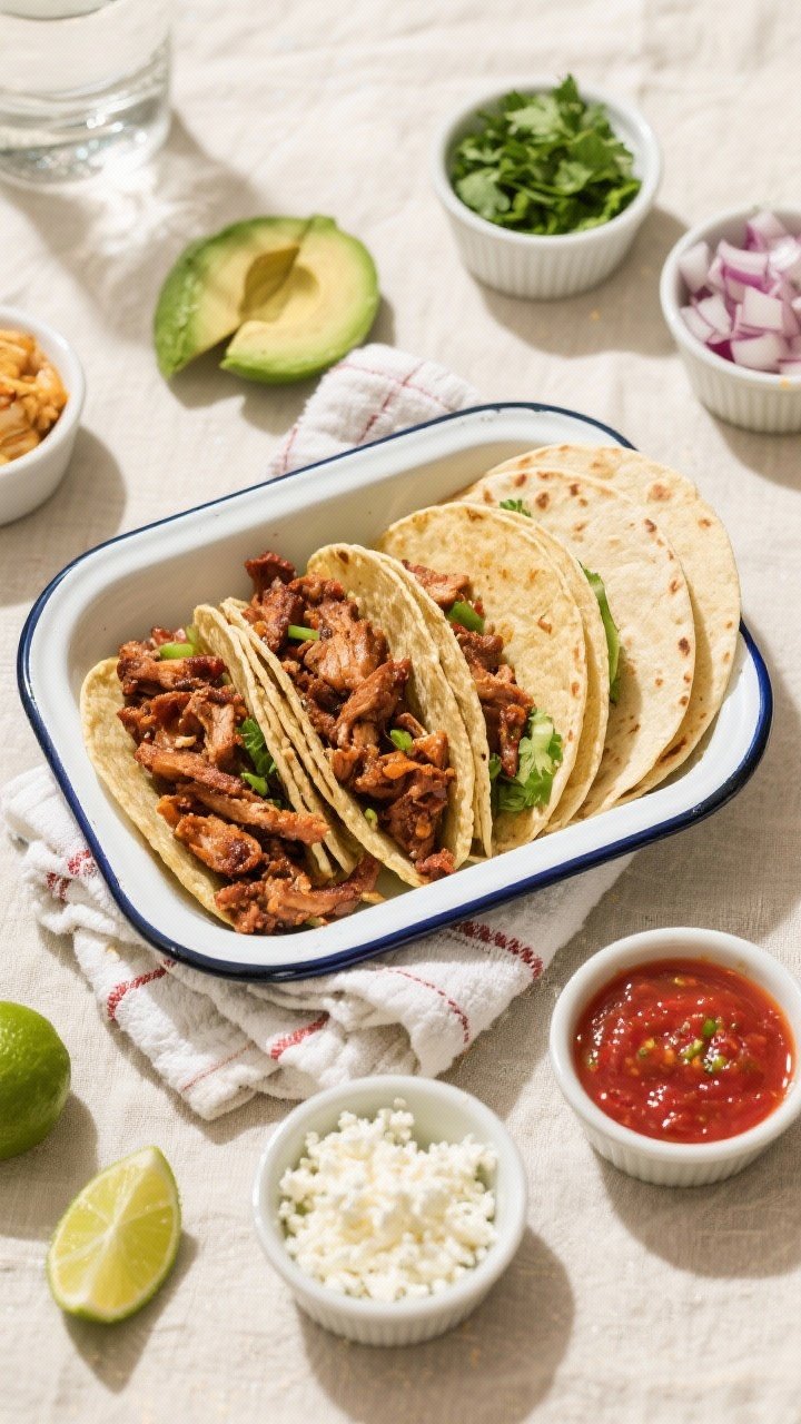 Tasty top view: Overhead taco-night spread featuring a build-your-own setup—pile of crispy carnita