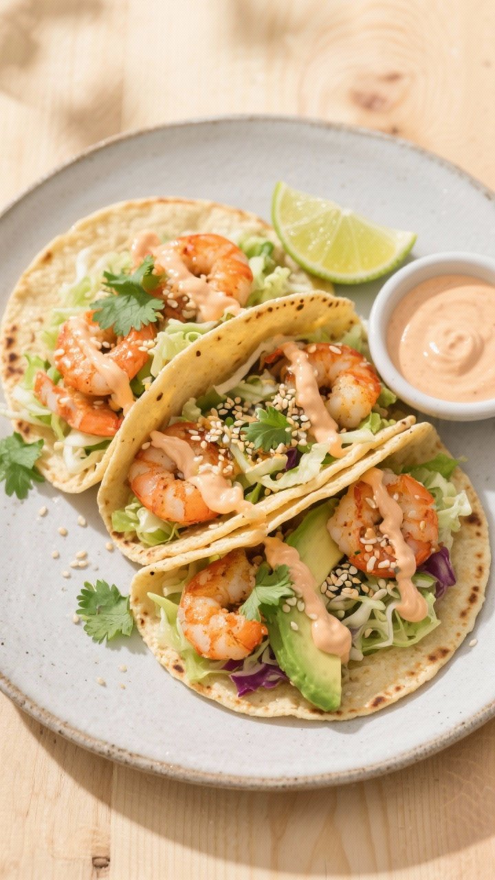 Tasty top view: Overhead taco scene featuring warm tortillas filled with bang bang shrimp, shredded 