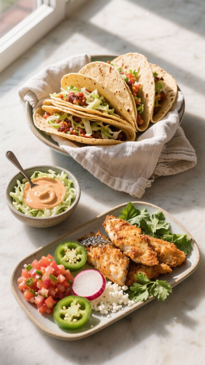 Tasty top view: Overhead taco spread for serving—stack of warmed tortillas wrapped in a towel, bow