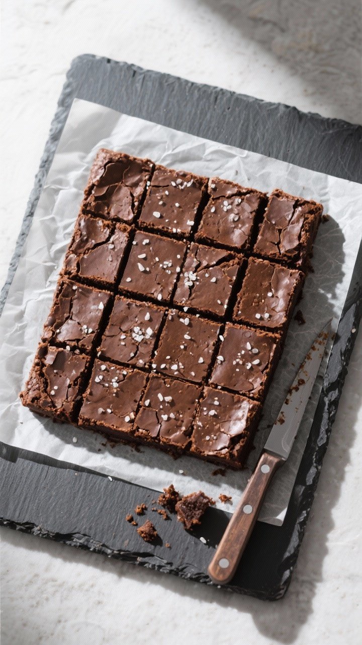 Tasty top view: Perfectly cooled brownies lifted out by parchment and sliced into 16 neat squares, o