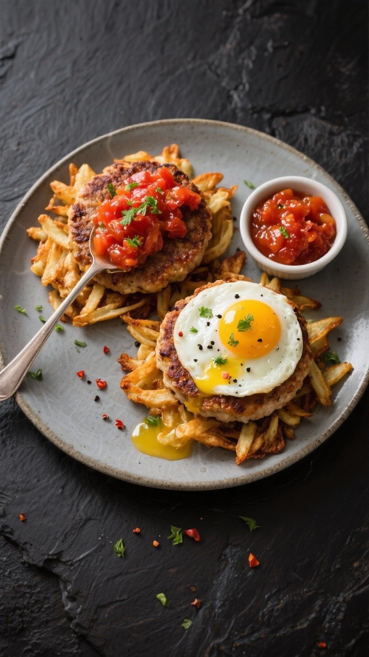 Tasty top view: Plated Air Fryer Frozen-Chip Hash Browns breakfast, overhead composition with two pa