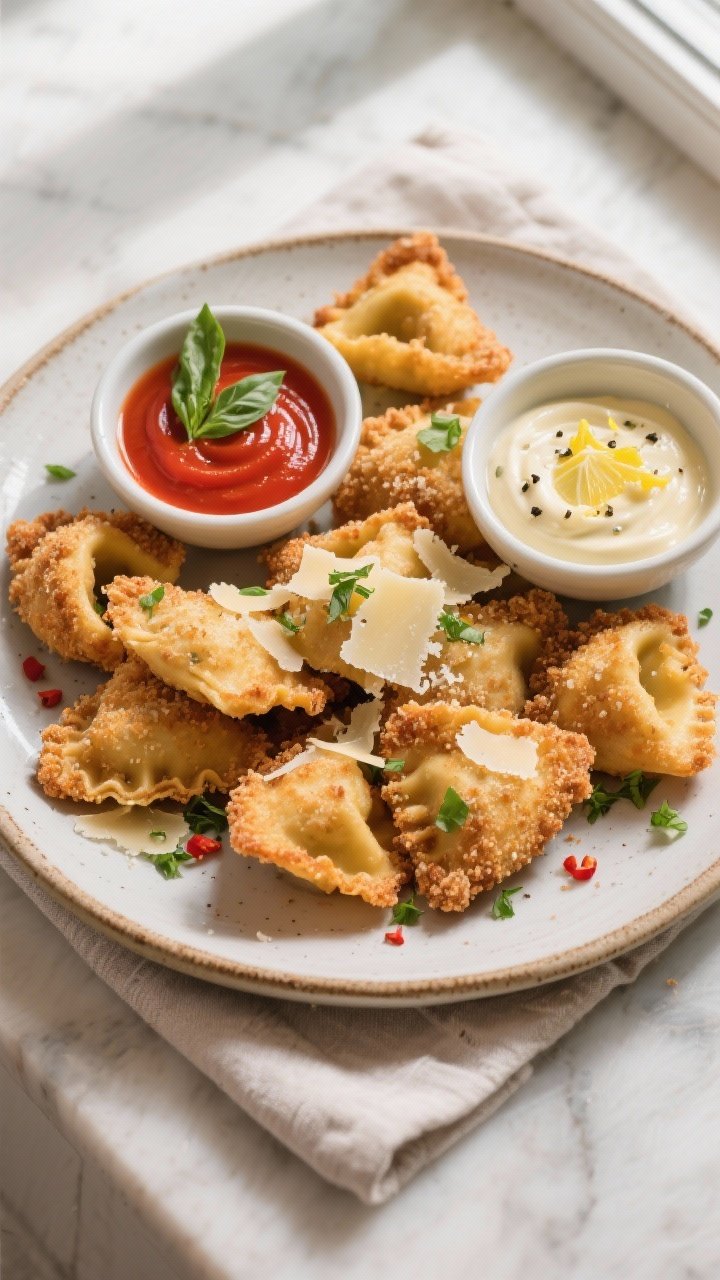 Tasty top view: Platter of air-fried crumbed agnolotti arranged in a loose pile, two dipping sauces 
